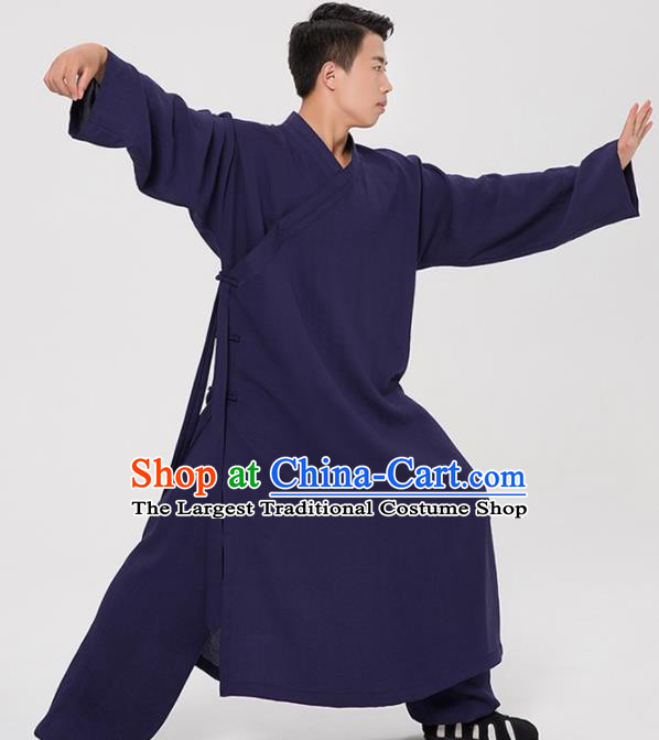 Asian Chinese Traditional Martial Arts Kung Fu Costume Tang Suit Tai Ji Navy Robe for Men