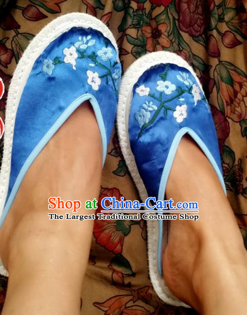 Chinese Ancient Princess Shoes Traditional Blue Satin Slippers Hanfu Shoes Embroidered Plum Blossom Shoes for Women