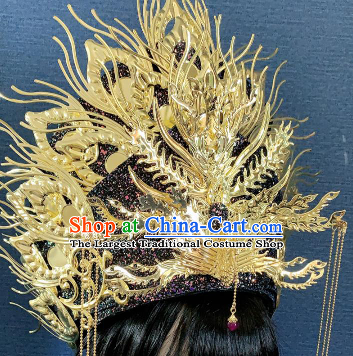 Chinese Handmade Golden Phoenix Hat Hair Accessories Halloween Modern Fancywork Headwear for Women