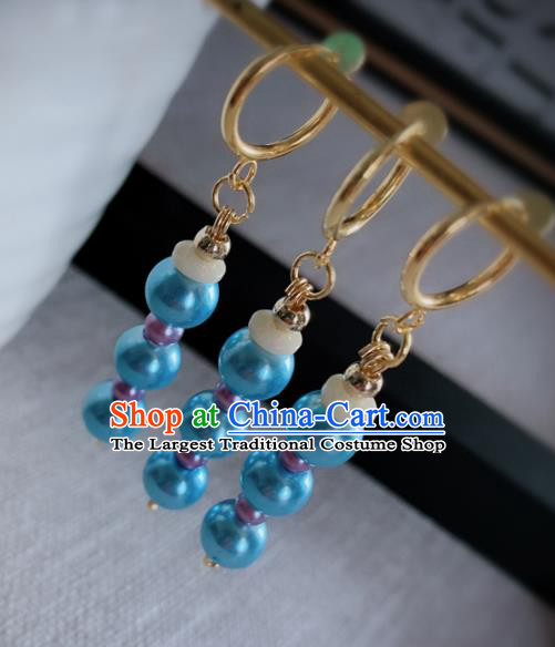 Chinese Traditional Ancient Qing Dynasty Manchu Lady Blue Beads Earrings for Women