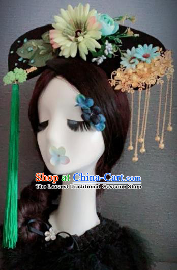 Traditional Chinese Ancient Palace Green Flower Hair Accessories Qing Dynasty Queen Headwear for Women