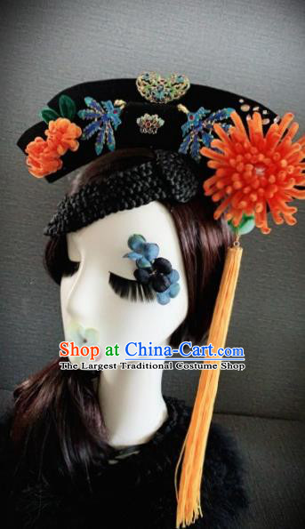 Traditional Chinese Ancient Palace Orange Velvet Chrysanthemum Hair Accessories Qing Dynasty Queen Headwear for Women