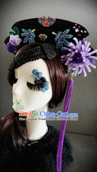 Traditional Chinese Ancient Palace Purple Velvet Chrysanthemum Hair Accessories Qing Dynasty Queen Headwear for Women