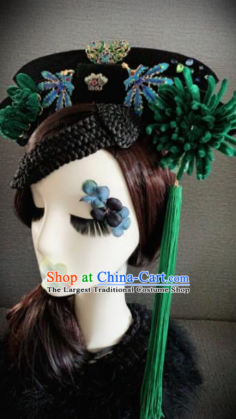 Traditional Chinese Ancient Palace Deep Green Velvet Chrysanthemum Hair Accessories Qing Dynasty Queen Headwear for Women