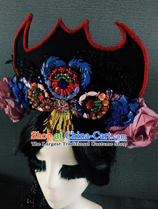 Handmade Chinese Ancient Luxury Black Hat Hair Accessories Halloween Queen Modern Fancywork Headwear for Women