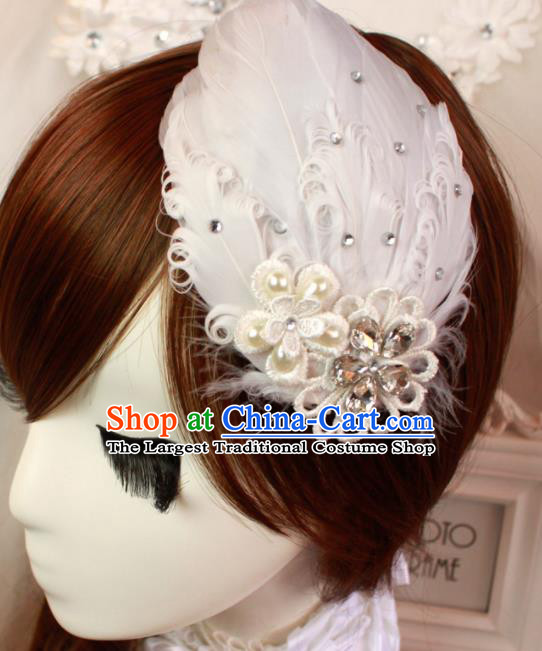 Top Grade Bride Hair Stick Headwear Princess White Feather Hair Accessories for Women