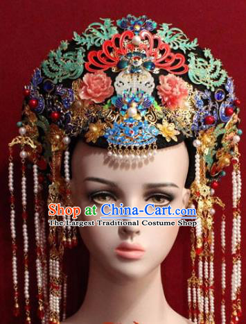 Chinese Ancient Empress Headwear Cloisonne Tassel Hat Traditional Qing Dynasty Queen Hair Accessories for Women