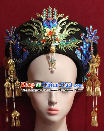 Chinese Ancient Manchu Empress Headwear Blueing Phoenix Hat Traditional Qing Dynasty Queen Hair Accessories for Women