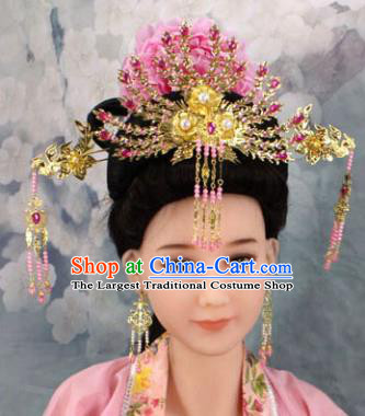 Chinese Ancient Princess Rosy Phoenix Coronet Headwear Traditional Tang Dynasty Queen Hairpins Hair Accessories for Women