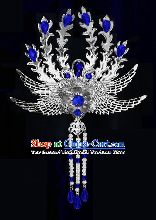 Chinese Ancient Princess Tassel Hair Clip Royalblue Crystal Phoenix Hairpins Traditional Palace Hanfu Hair Accessories for Women