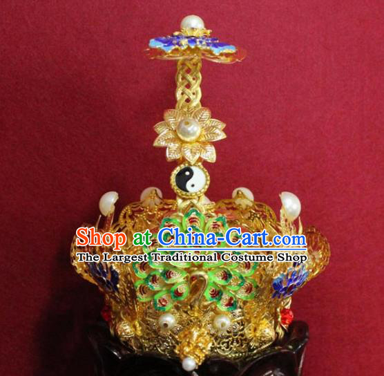 Handmade Chinese Taoism Cloisonne Lotus Hairdo Crown Traditional Ancient Taoist Swordsman Hair Accessories for Men