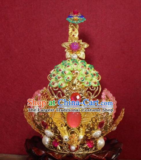 Handmade Chinese Taoism Cloisonne Peacock Hairdo Crown Traditional Ancient Taoist Swordsman Hair Accessories for Men