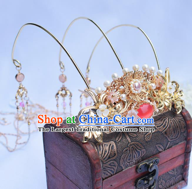 Chinese Ancient Princess Hairpins Pearls Tassel Phoenix Coronet Traditional Hanfu Hair Accessories for Women