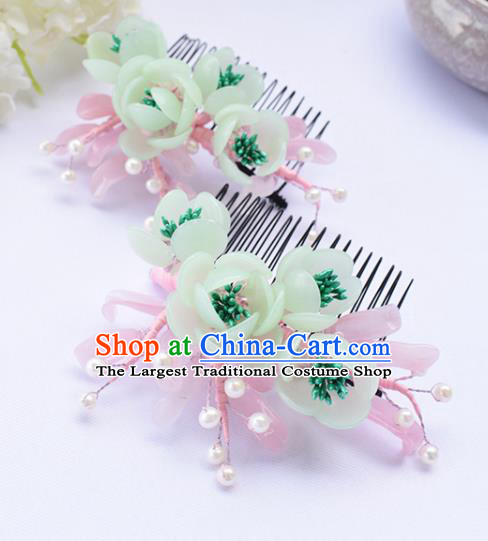 Chinese Ancient Princess Green Flowers Hair Comb Hairpins Traditional Hanfu Hair Accessories for Women