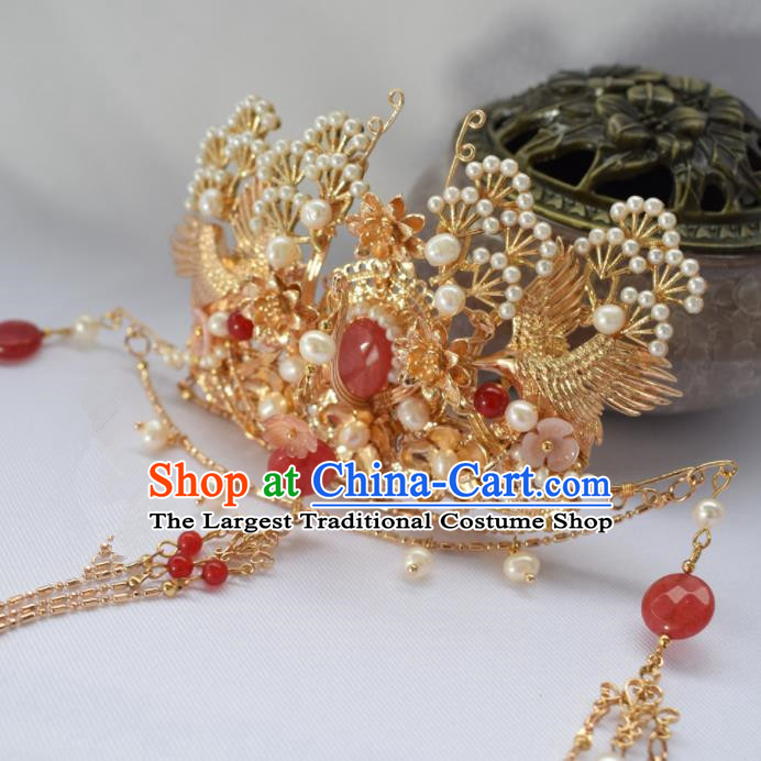 Chinese Ancient Princess Palace Red Tassel Hair Crown Hairpins Traditional Handmade Hanfu Hair Accessories for Women