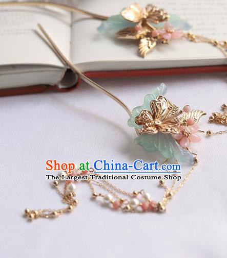 Chinese Ancient Princess Jade Butterfly Tassel Hairpins Traditional Hanfu Hair Accessories for Women