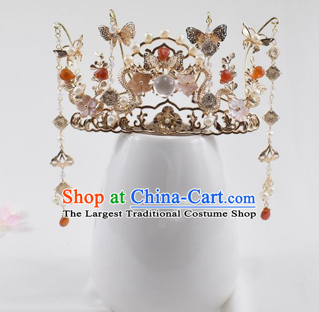 Chinese Ancient Princess Chalcedony Tassel Phoenix Coronet Hairpins Traditional Hanfu Hair Accessories for Women