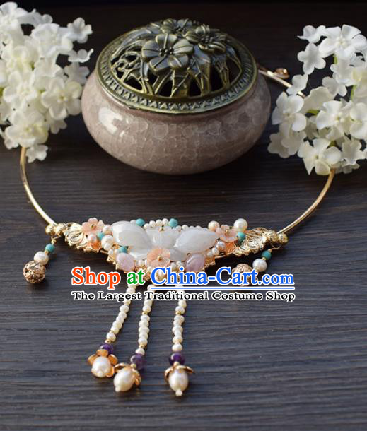 Handmade Chinese Hanfu Jade Necklace Traditional Ancient Princess Tassel Necklet Accessories for Women