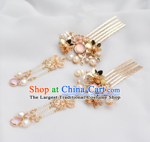 Chinese Ancient Princess Palace Pink Crystal Hair Combs Hairpins Traditional Handmade Hanfu Hair Accessories for Women