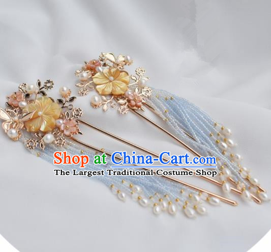 Chinese Ancient Princess Palace Yellow Shell Pearls Tassel Hairpins Traditional Handmade Hanfu Hair Accessories for Women