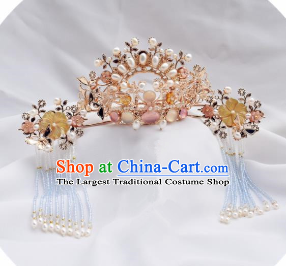 Chinese Ancient Princess Palace Pearls Hair Crown Tassel Hairpins Traditional Handmade Hanfu Hair Accessories for Women