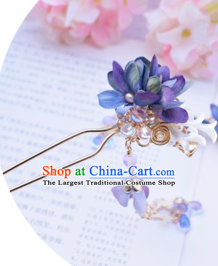 Chinese Ancient Princess Palace Blue Flowers Shell Hairpins Traditional Handmade Hanfu Hair Accessories for Women