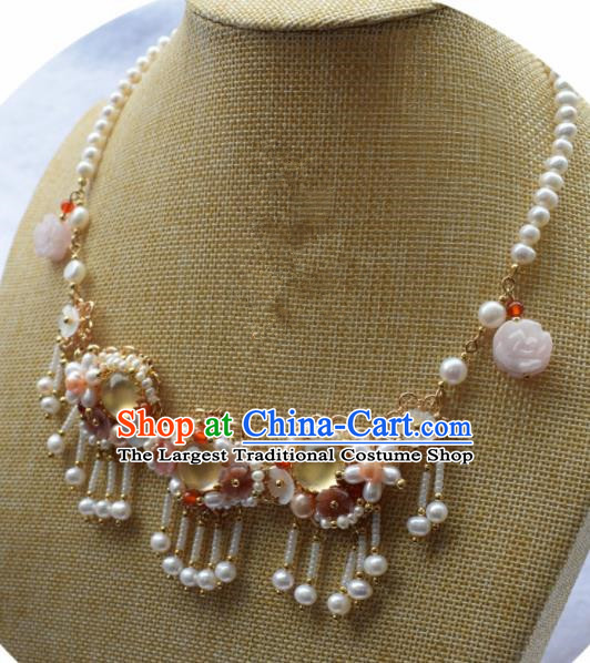 Handmade Chinese Hanfu Opal Pearls Tassel Necklace Traditional Ancient Princess Necklet Accessories for Women