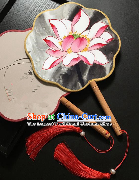 Chinese Handmade Classical Palace Fans Traditional Ink Painting Pink Lotus Hanfu Fan for Women