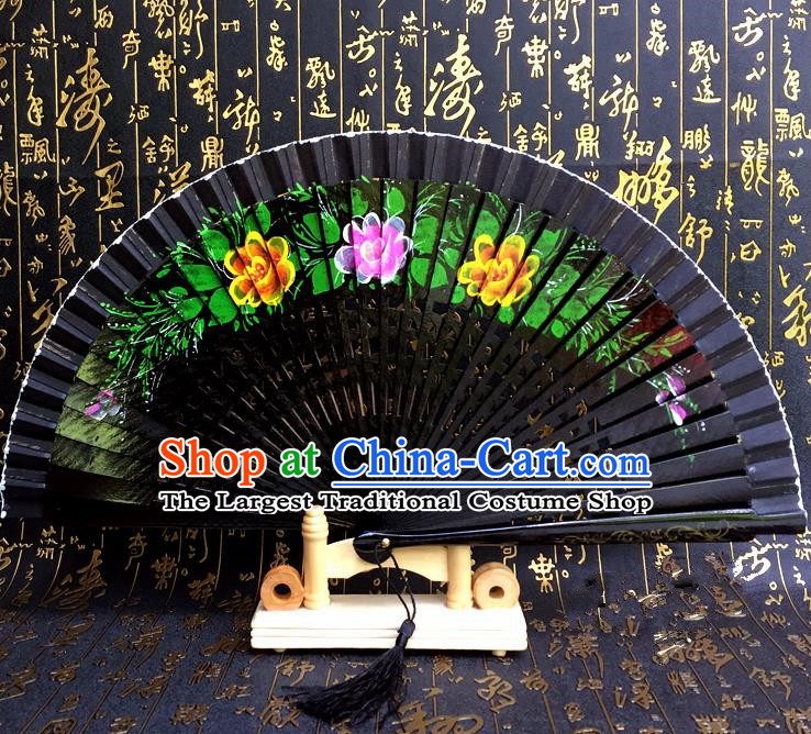 Chinese Handmade Classical Folding Fans Printing Flowers Wood Black Accordion Fan for Women