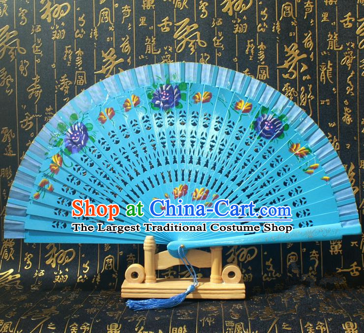 Chinese Handmade Classical Folding Fans Printing Flowers Wood Blue Silk Accordion Fan for Women