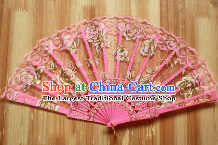 Chinese Handmade Folk Dance Pink Lace Rose Folding Fans Classical Accordion Fan for Women