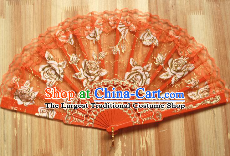 Chinese Handmade Folk Dance Orange Lace Rose Folding Fans Classical Accordion Fan for Women