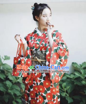 Japanese Handmade Printing Red Kimono Costume Japan Traditional Yukata Dress for Women