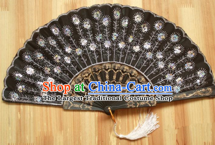 Chinese Handmade Classical Folding Fans Folk Dance White Paillette Silk Accordion Fan for Women