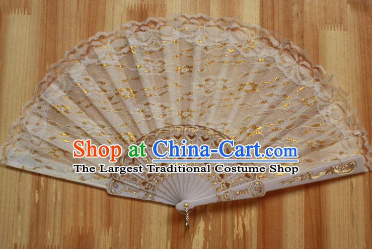 Chinese Handmade Classical White Lace Folding Fans Folk Dance Accordion Fan for Women