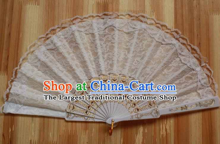 Chinese Handmade Classical White Lace Folding Fans Folk Dance Accordion Fan for Women