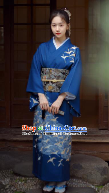 Japanese Handmade Printing Deep Blue Kimono Costume Japan Traditional Yukata Dress for Women