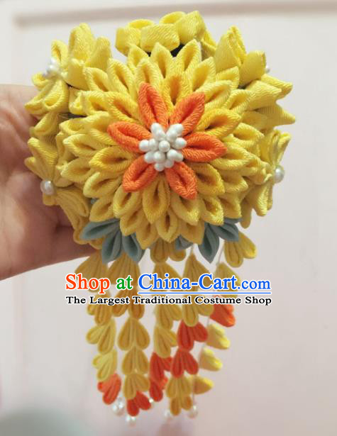 Japan Traditional Geisha Yellow Flowers Tassel Hairpins Japanese Handmade Kimono Hair Accessories for Women