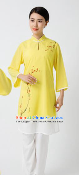 Chinese Traditional Tai Chi Printing Plum Blossom Yellow Costume Martial Arts Uniform Kung Fu Wushu Clothing for Women