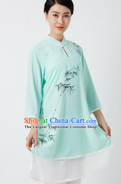 Chinese Traditional Tai Chi Printing Bamboo Green Costume Martial Arts Uniform Kung Fu Wushu Clothing for Women