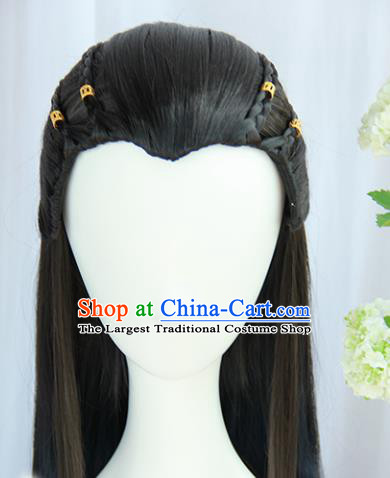 Chinese Traditional Hanfu Wigs Sheath Ancient Swordsman Hairpiece Handmade Chignon for Men