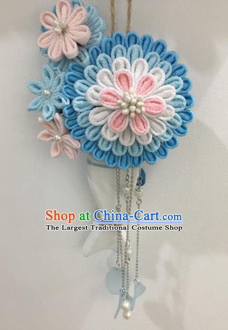 Japan Traditional Yukata Blue Flowers Tassel Hair Claw Japanese Handmade Kimono Hair Accessories for Women