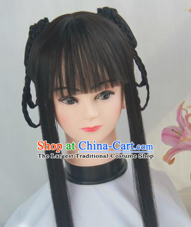 Handmade Chinese Traditional Hanfu Blunt Bangs Wigs Sheath Ancient Swordswoman Chignon for Women