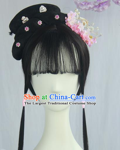 Handmade Chinese Ancient Ming Dynasty Young Lady Headpiece Chignon Traditional Hanfu Blunt Bangs Wigs Sheath for Women