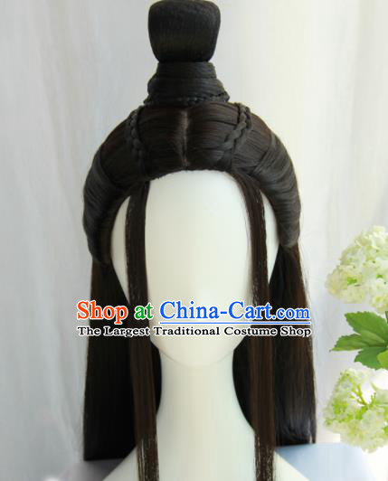 Chinese Traditional Hanfu Wigs Sheath Ancient Swordsman Hairpiece Handmade Chignon for Men