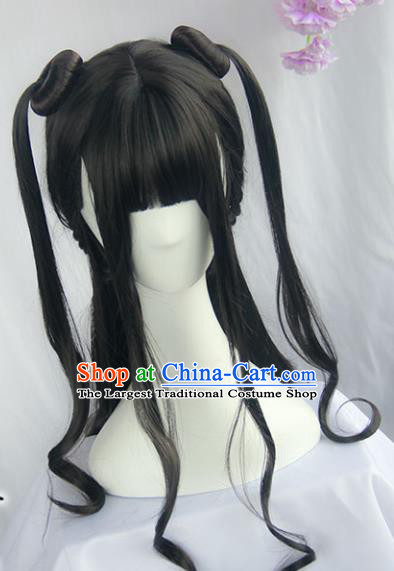 Handmade Chinese Ancient Young Lady Headpiece Curly Chignon Traditional Hanfu Wigs Sheath for Women