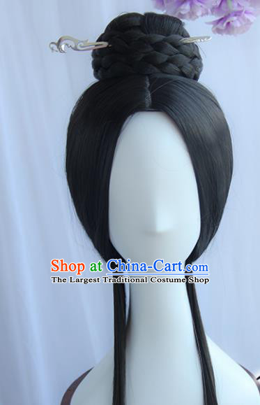 Handmade Chinese Ancient Han Dynasty Princess Headpiece Chignon Traditional Hanfu Blunt Bangs Wigs Sheath for Women