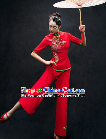 Chinese Folk Dance Yangko Red Costume Traditional Fan Dance Clothing for Women