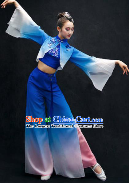 Chinese Folk Dance Yangko Stage Performance Royalblue Costume Traditional Fan Dance Clothing for Women