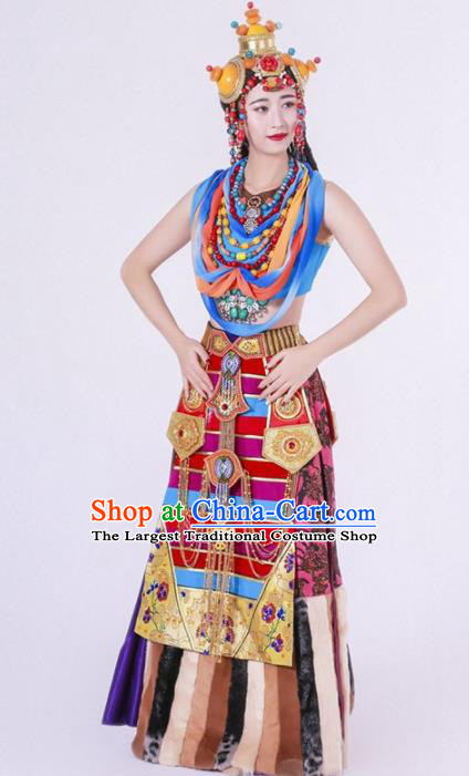 Chinese Zang Nationality Ethnic Dance Costume Traditional Tibetan Minority Dance Dress for Women